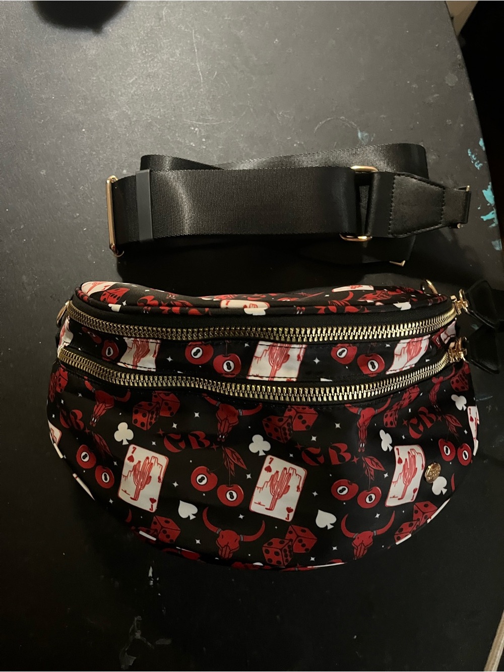 Black & Red Patterned Crossbody Waist Bag with Dual Zips